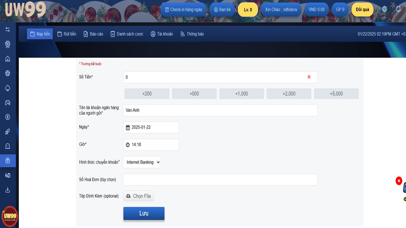 Cách nạp tiền UW99 qua chuyển khoản